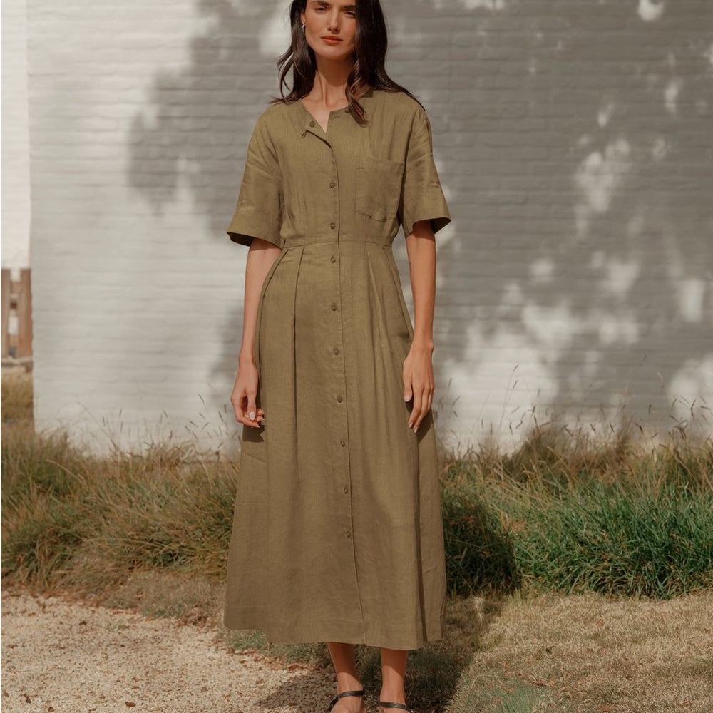 Jenni Kayne Day Dress - Olive Green Button-Down Linen Maxi Dress size S
